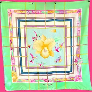 Leonard Paris Silk Scarf 35" Mint Green Orchid Floral Stripe | 100% Silk NWT...